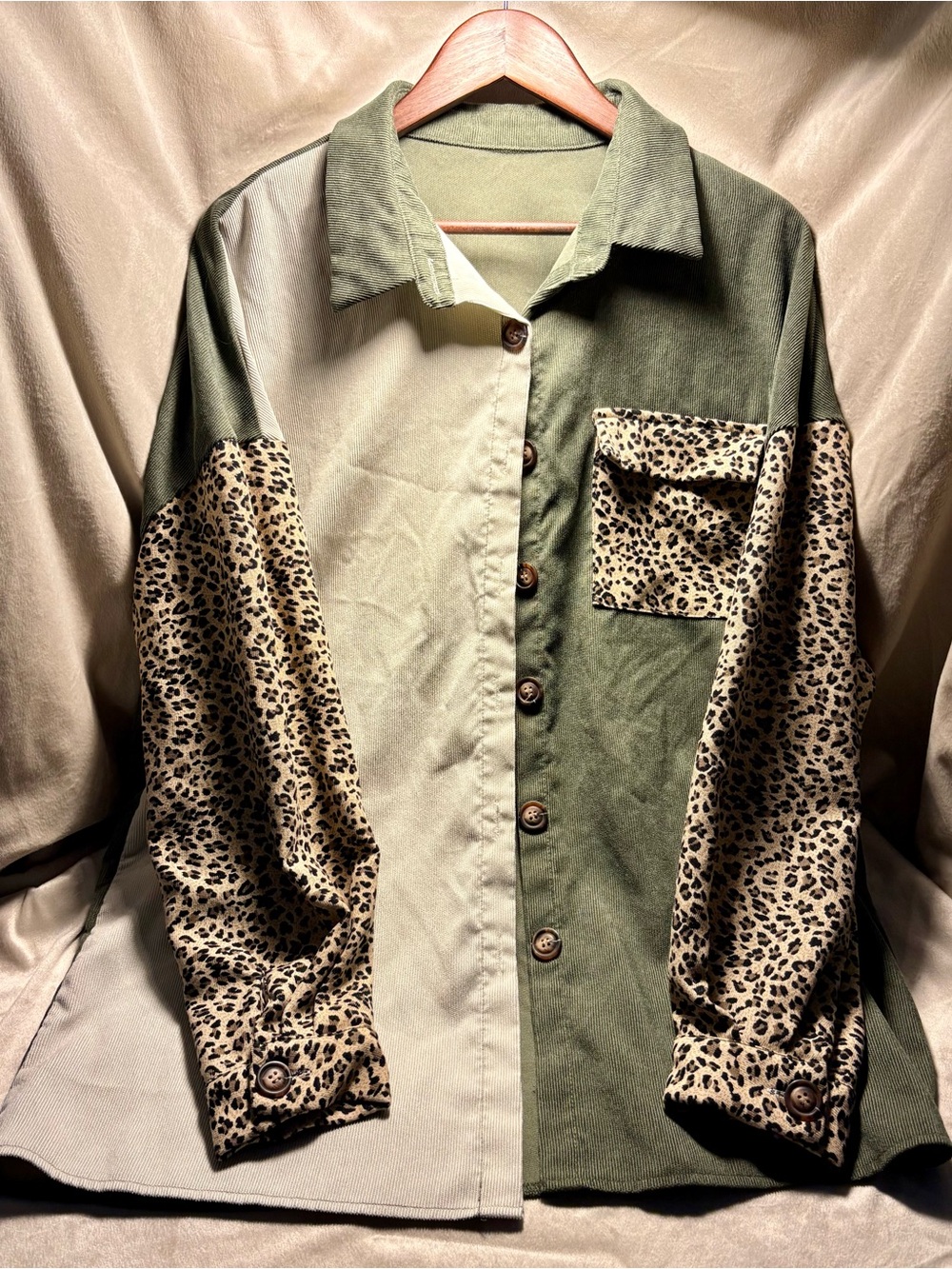 Women’s Two-Tone Olive & Cream Button-Down Shirt with Leopard Accent
